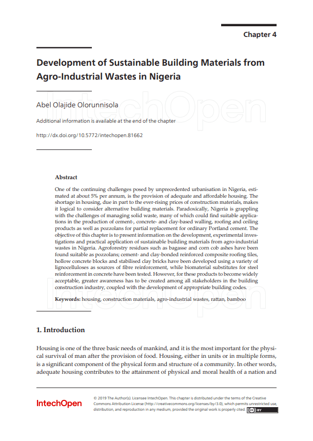 First page of 'Development of Sustainable Building Materials from Agro- Industrial Wastes in Nigeria' chapter of the 'Sustainable Construction and Building Materials' research paper