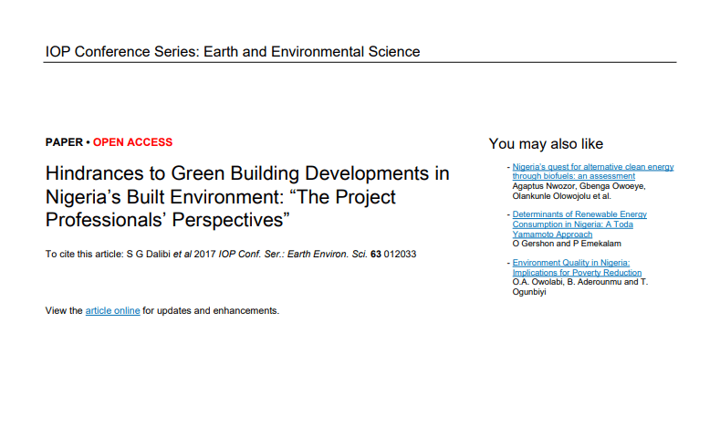 Front cover of the Hindrances to Green Building Developments in Nigeria's Built Environment: "The Project Professionals' Perspectives" research paper