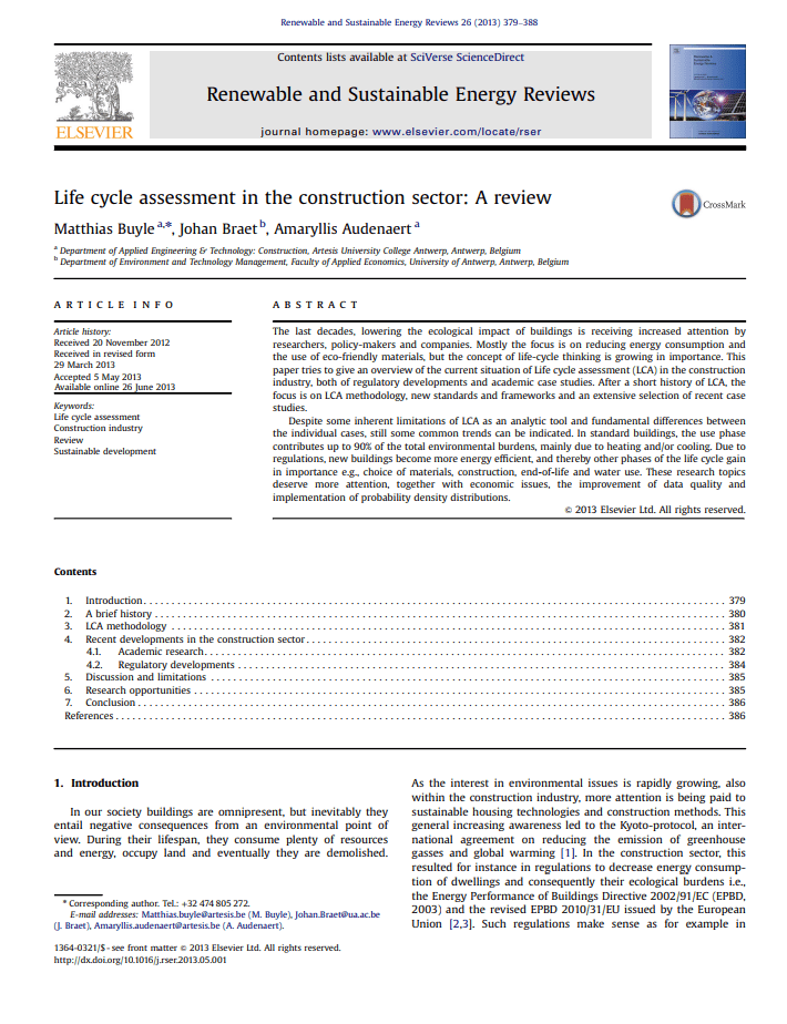 First page of the 'Life cycle assessment in the construction sector: A review' research paper