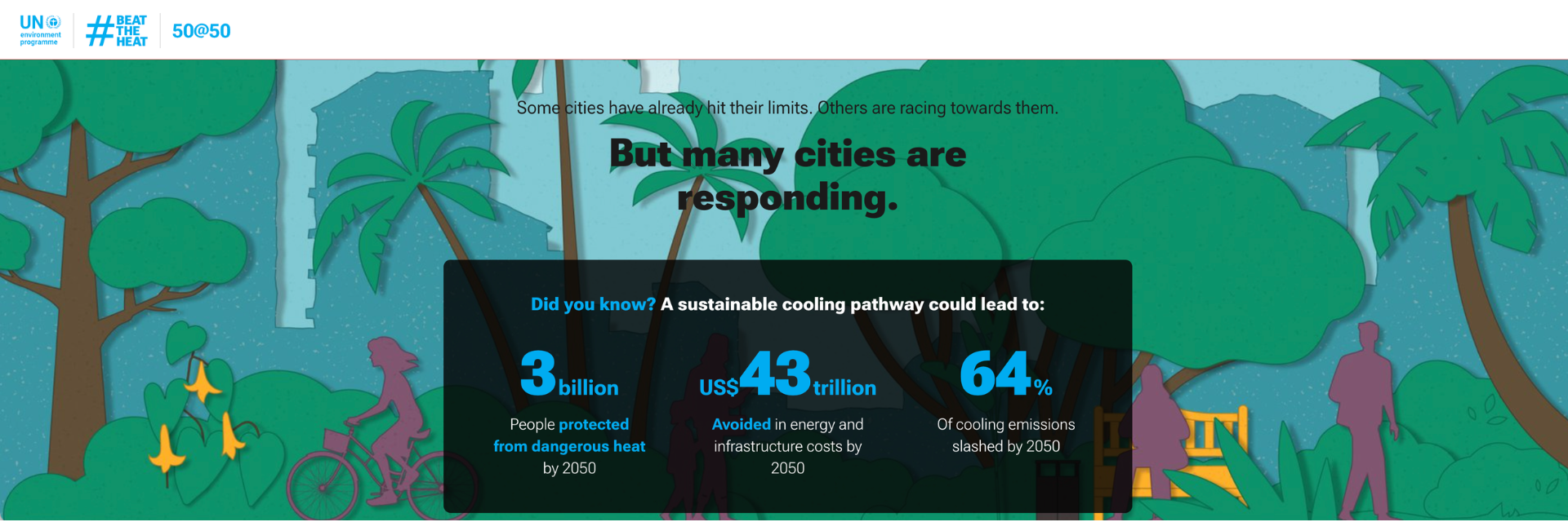 Illustrated campaign graphic featuring a green, pastoral landscape with stylised trees, flowers, and silhouettes of people cycling, walking, and playing. Logos for UNEP, #BEATTHEHEAT, and 50@50 appear at the top. The headline reads: "Some cities have already hit their limits. Others are racing towards them. But many cities are responding." A black information box states: "Did you know? A sustainable cooling pathway could lead to: 3 billion people protected from dangerous heat by 2050 / US$43 trillion avoided in energy and infrastructure costs by 2050 / 64% of cooling emissions slashed by 2050." Text and figures are displayed in cyan blue and white.  Image 5: competition.png Promotional collage featuring three initiatives. On the left, "YeS Honor Awards" (Republic of Türkiye) displays an image of the Istanbul waterfront at sunset with text inviting submissions of sustainable building projects for international recognition, accompanied by logos of YeS, COP31 Türkiye Antalya, and Turkey's Ministry of Environment. In the centre, the "International Sustainable Buildings Competition" logo is shown. On the right, the "Global Alliance for Buildings and Construction" branding presents the "World Championship for Energy Savings" and a card indicating "42% efficient energy savings achieved, Level: Master." The layout emphasises GlobalABC's role as a global platform for recognising and advancing sustainable and efficient building projects.