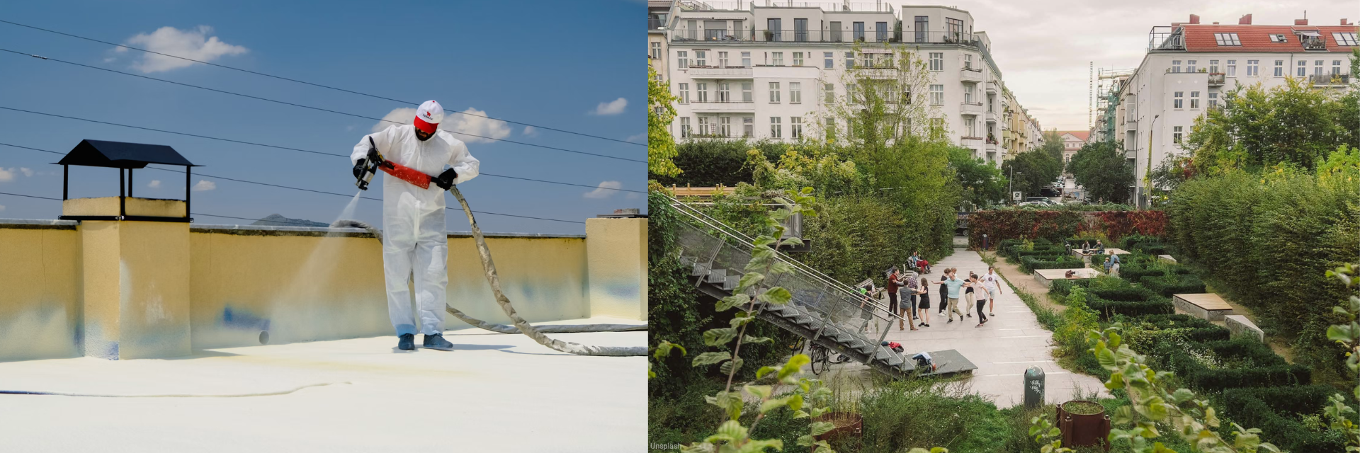 Comparative image showing two cooling strategies for urban heat mitigation. On the left, a worker in protective white coveralls, helmet, and gloves applies a reflective white coating to a flat roof under a clear blue sky, demonstrating cool roof technology. Yellow-toned roof sections and power lines are visible in the background. On the right, a lush urban green space nestled among Haussmann-style residential buildings shows densely planted trees, shrubs, and greenery with a pergola structure, illustrating green infrastructure and urban tree canopy as a cooling approach. Several people enjoy the verdant courtyard space.