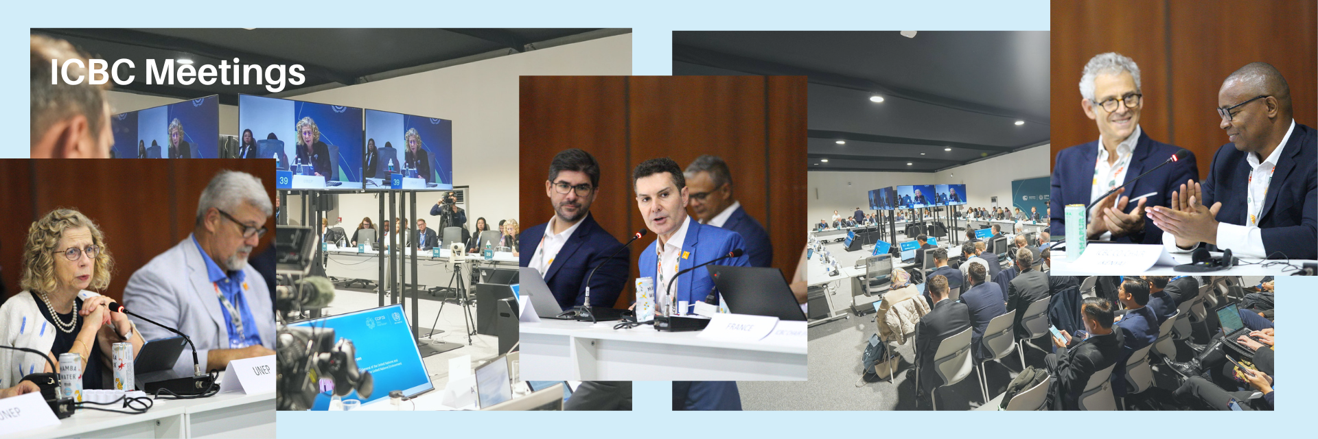Five photographs capturing moments from ICBC ministerial meetings: panellists at discussion tables including a woman in glasses and a man with glasses, two men speaking at a podium with media presence, two men engaged in conversation at a speaker's table, and wide shots of plenary sessions with large audiences seated in an auditorium-style conference room with blue accents